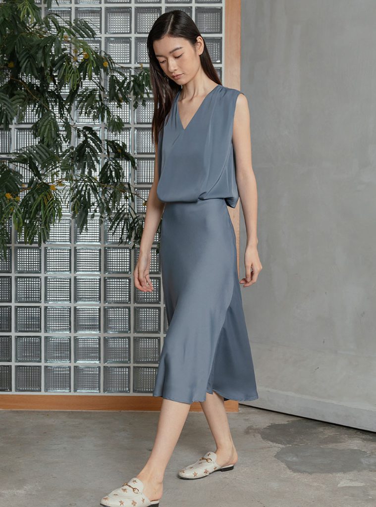 V-neck Cap Sleeves Pleated Floor-length Dress Dusk main image 1